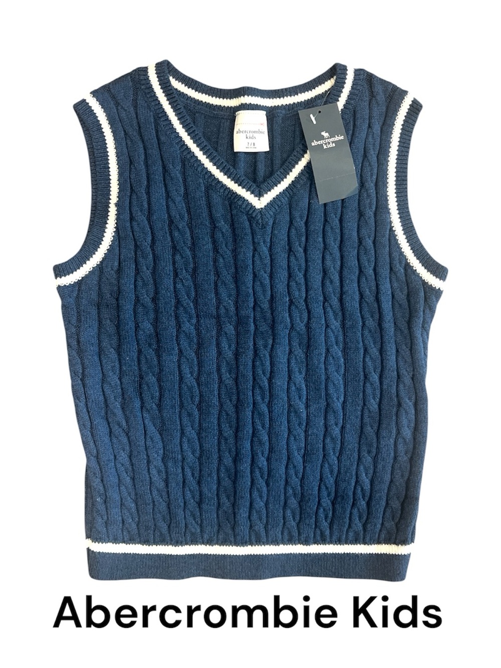 abercrombie kids navy blue cable knit sweater vest with white trim